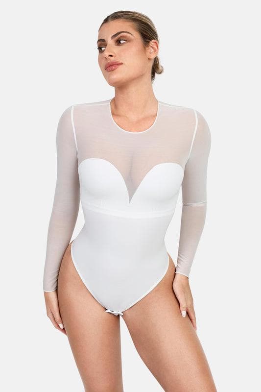 Shapewear Mock Neck Long Sleeve Floral Lace Bodysuit