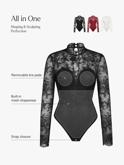 Shapewear Mock Neck Long Sleeve Floral Lace Bodysuit