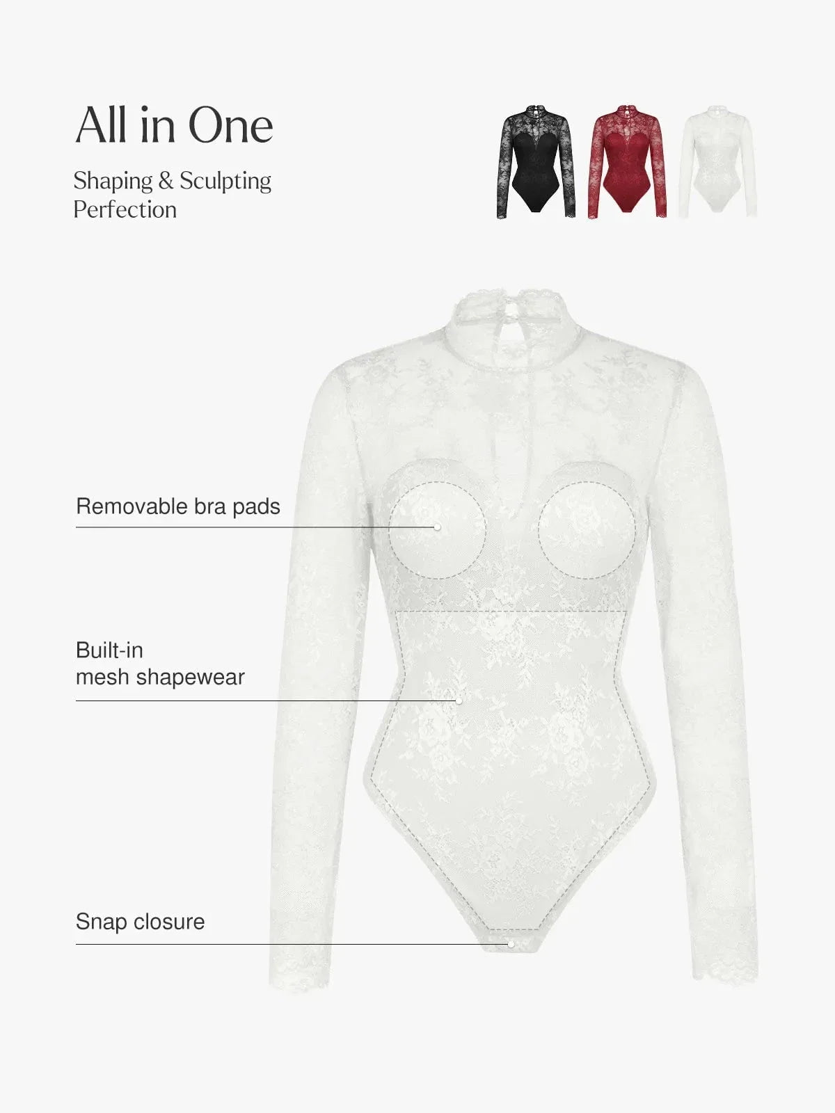 Shapewear Mock Neck Long Sleeve Floral Lace Bodysuit