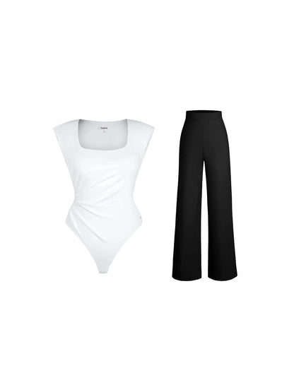 Shapewear Padded Shoulder Slimming Bodysuit Wide-Leg Pants Set