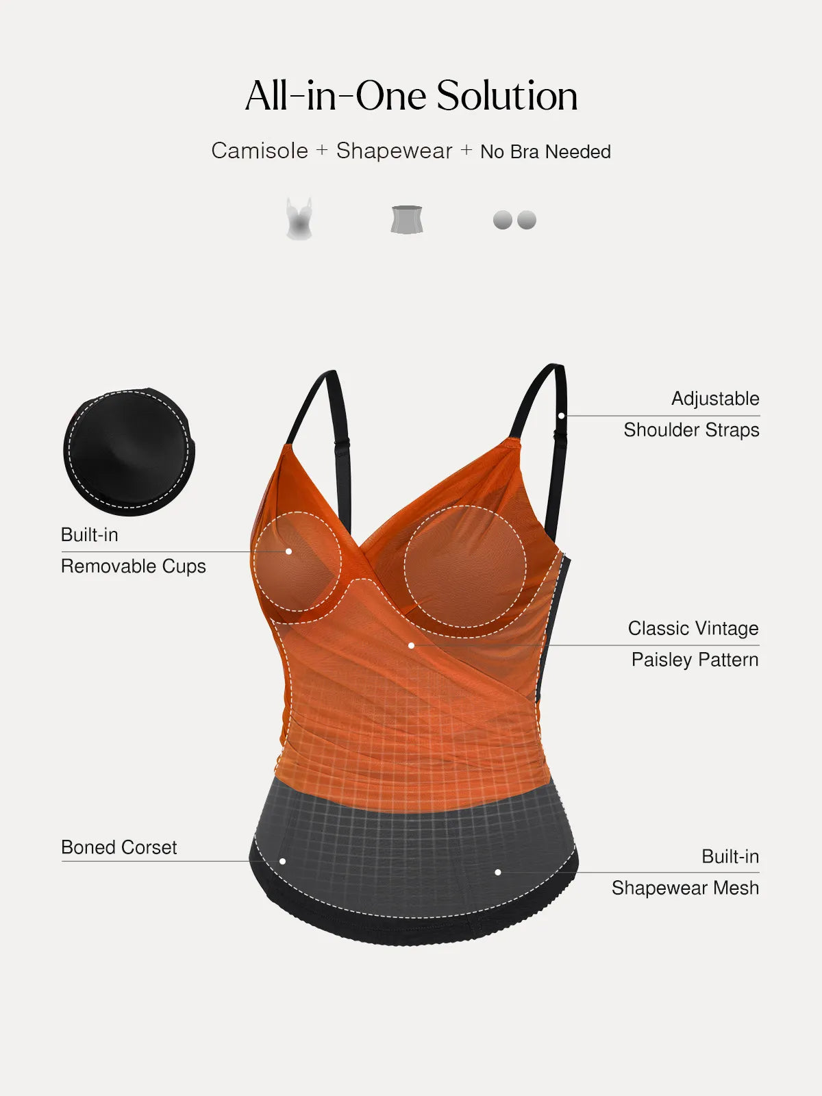 Shapewear Paisley V Neck Mesh Cami Corset Top