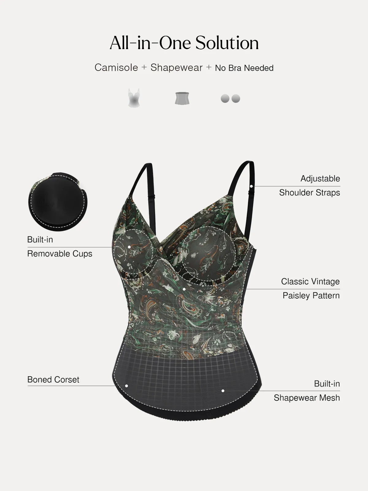 Shapewear Paisley V Neck Mesh Cami Corset Top
