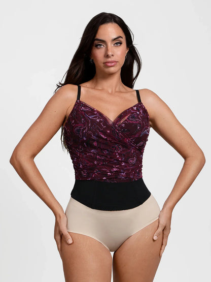 Shapewear Paisley V Neck Mesh Cami Corset Top