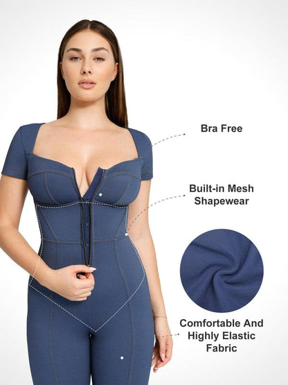 Shapewear Sculpting Denim Tank Flare Leg Jumpsuit