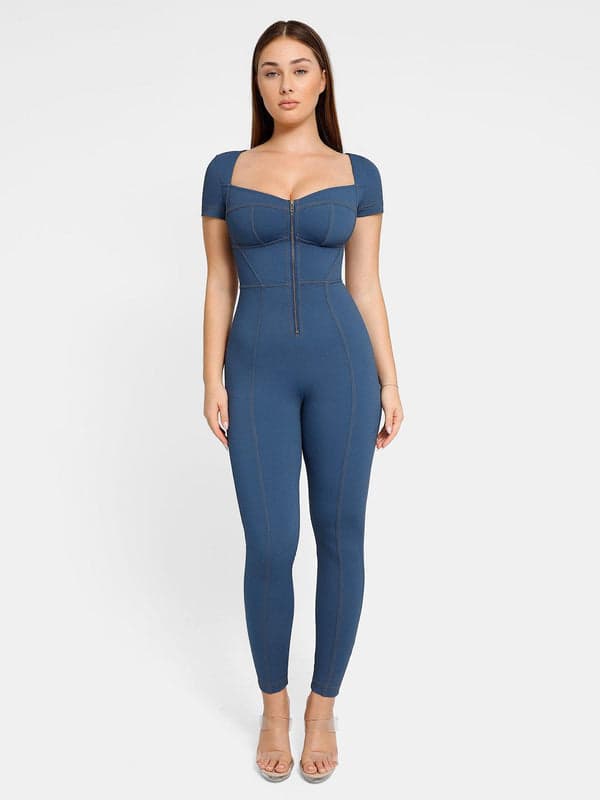 Shapewear Sculpting Denim Tank Flare Leg Jumpsuit