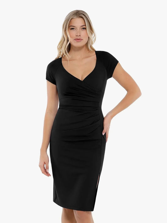 Work Dress Short Sleeve Midi Built-in Shapewear & Bra