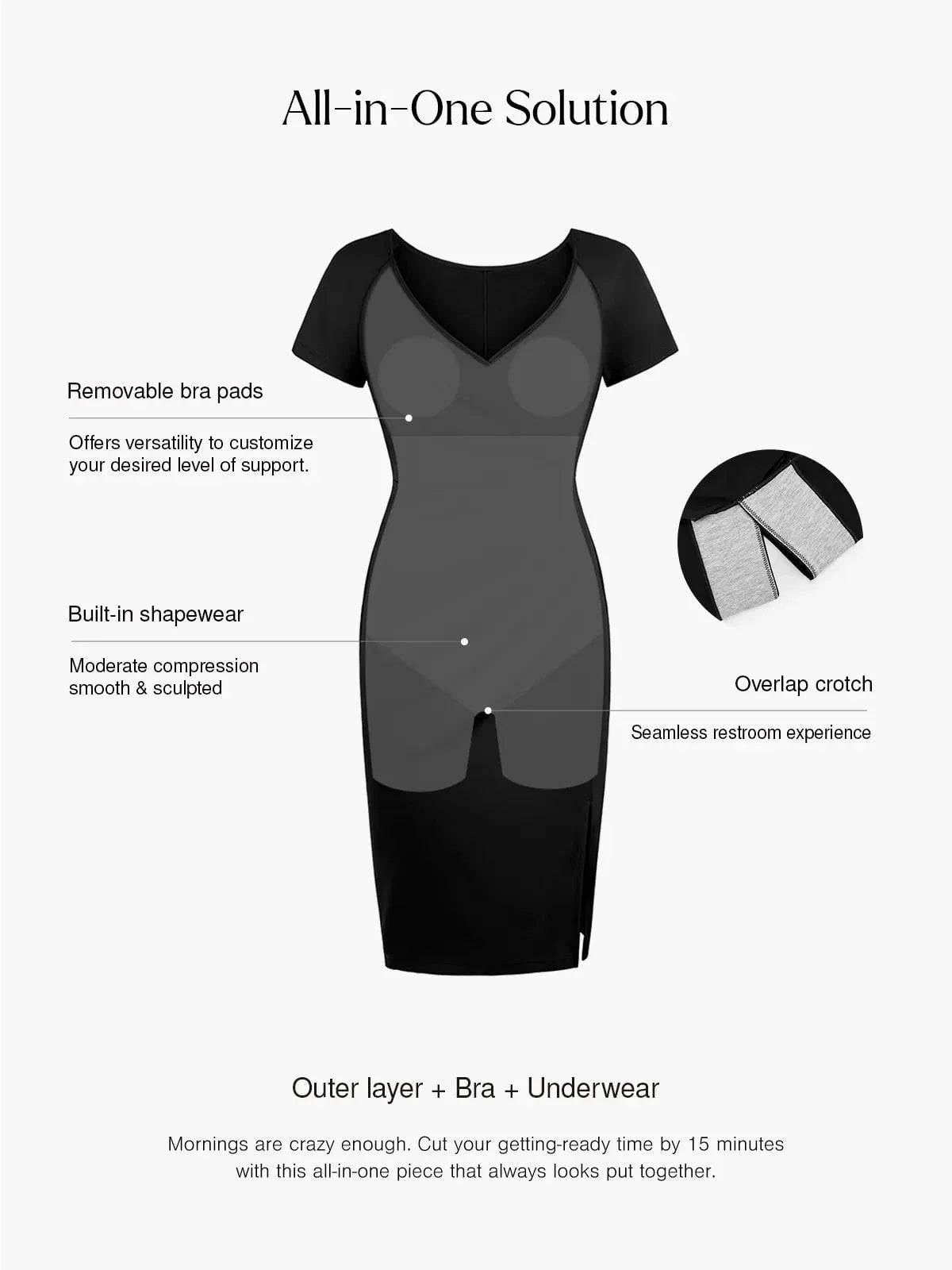 Work Dress Short Sleeve Midi Built-in Shapewear & Bra