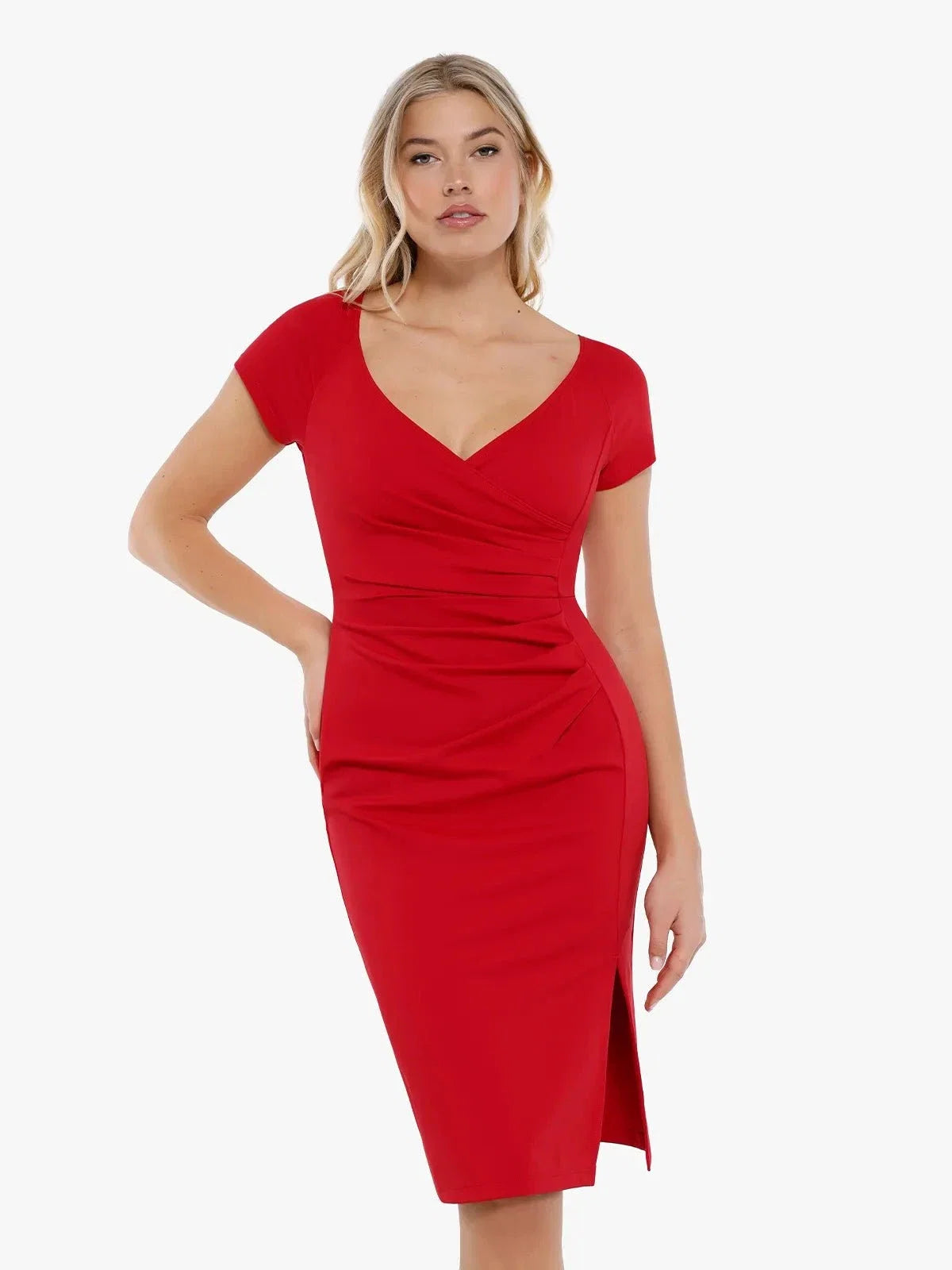 Work Dress Short Sleeve Midi Built-in Shapewear & Bra