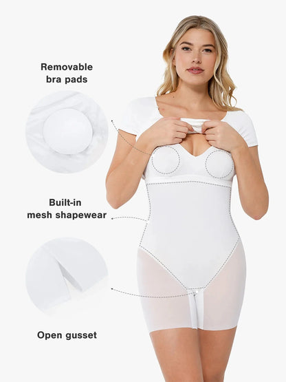 Work Dress Short Sleeve Midi Built-in Shapewear & Bra