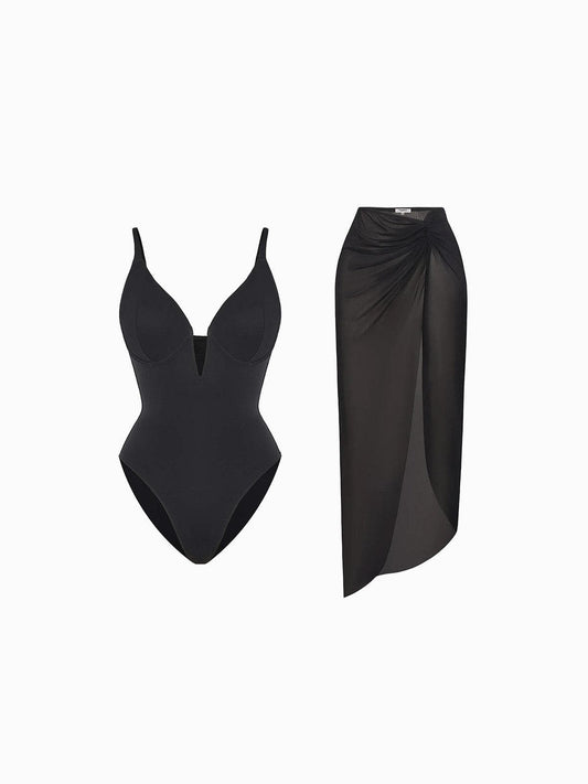 Shapewear Slimming One-Piece Swimsuit Mesh Coverup Set