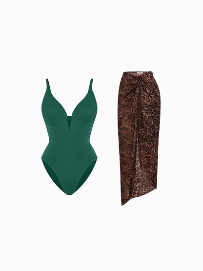 Shapewear Slimming One-Piece Swimsuit Mesh Coverup Set