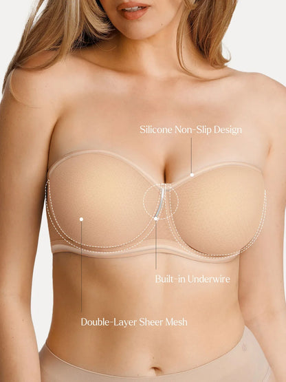 Unlined Sheer Mesh Strapless Minimizer Underwire Bra