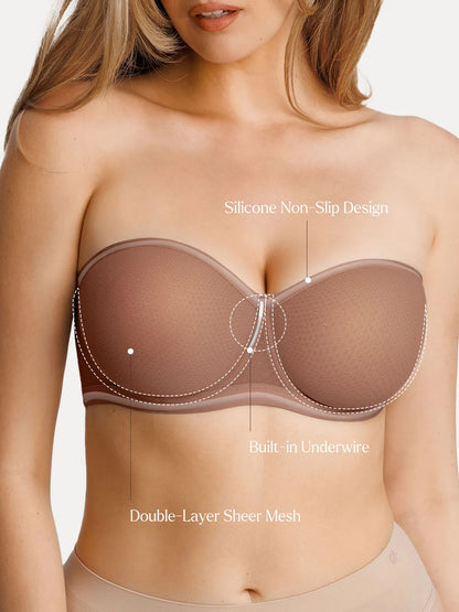 Unlined Sheer Mesh Strapless Minimizer Underwire Bra