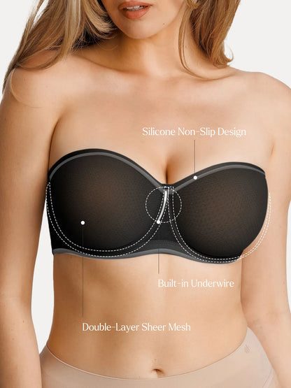 Unlined Sheer Mesh Strapless Minimizer Underwire Bra