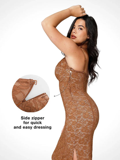 Shapewear All-Lace Side Slit Hourglass Corset Midi Dress